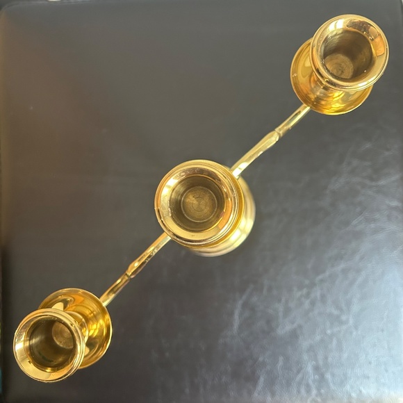 Vintage Brass 3 Arm 9” Candelabra with Brass & Wood Candle Snuffer - Picture 13 of 17